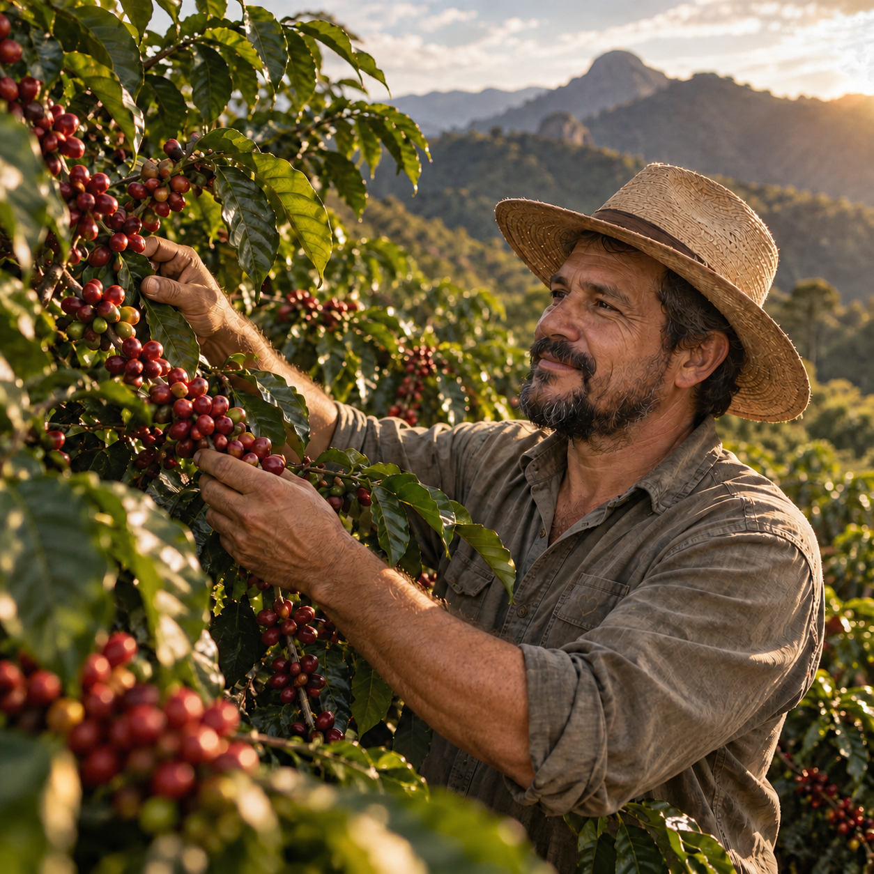 Produtor de café cuidando dos frutos maduros na lavoura do Caparaó